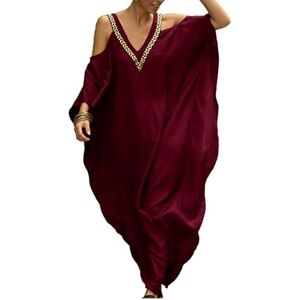 Plus Size V-Neck Kaftan Dress with Cold Shoulder Batwing Sleeves
- Wine